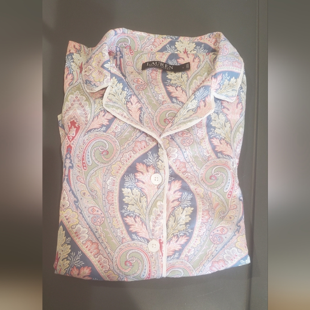 New  LAUREN  RALPH LAUREN  LONG SLEEVE  NOTCH  COLLAR  WOVEN  SATEEN  PAISLEY - Picture 6 of 11